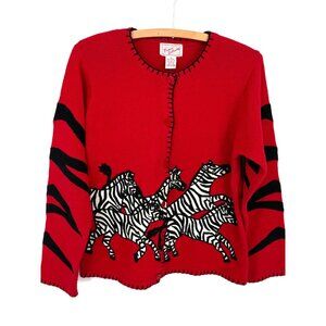 Ronnie Salloway Womens Red Knit Cardigan‎ Zebra Pattern M